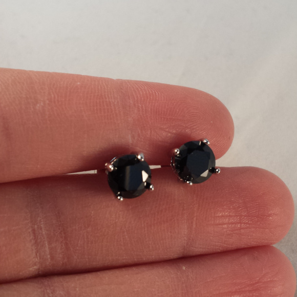 18K White Gold Filled Black Onyx Diamond Zircon Stud Earrings 7mm 1.28ctw each - Picture 3 of 3